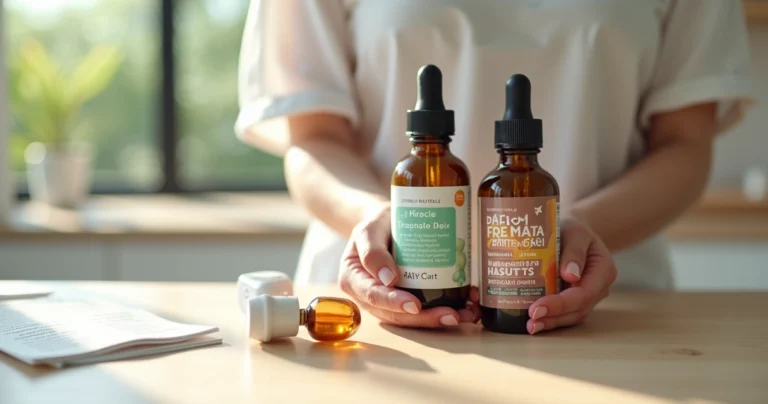 Person comparing wellness product labels under bright natural light