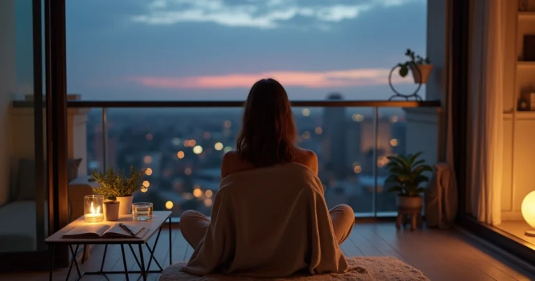 Person sitting on balcony at dusk with journal and city lights